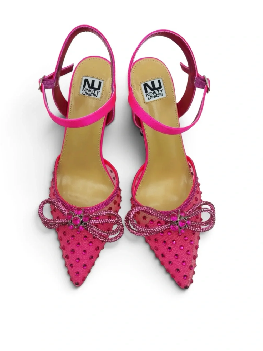 NINETY UNION GLORIA FUCHSIA RHINESTONE MESH TRIANGLE HEEL PONTED TOE PUMPS NWT